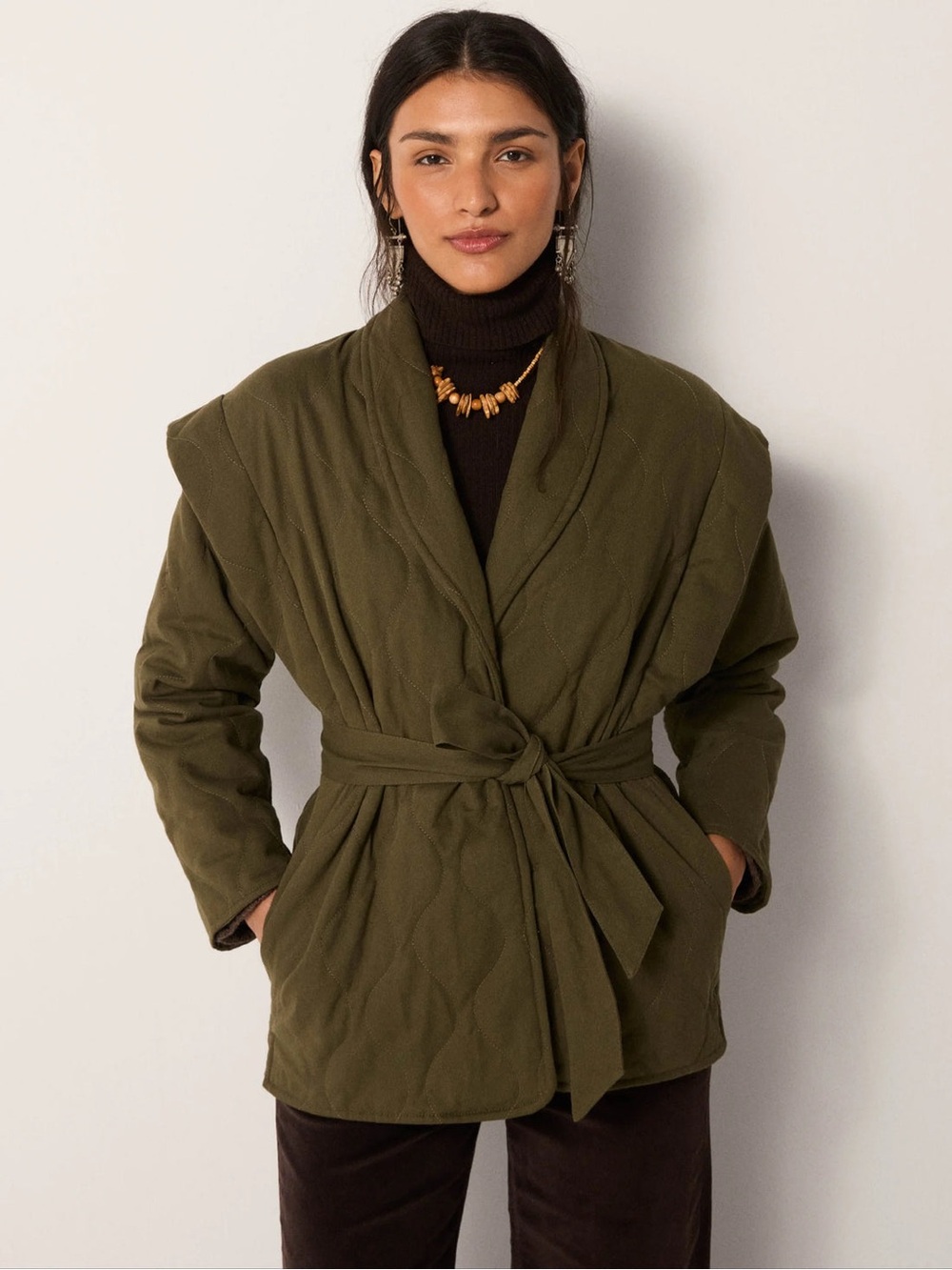 NWT Maison Hotel Lucille Quilted Belted Jacket Olive Bloom Size Small